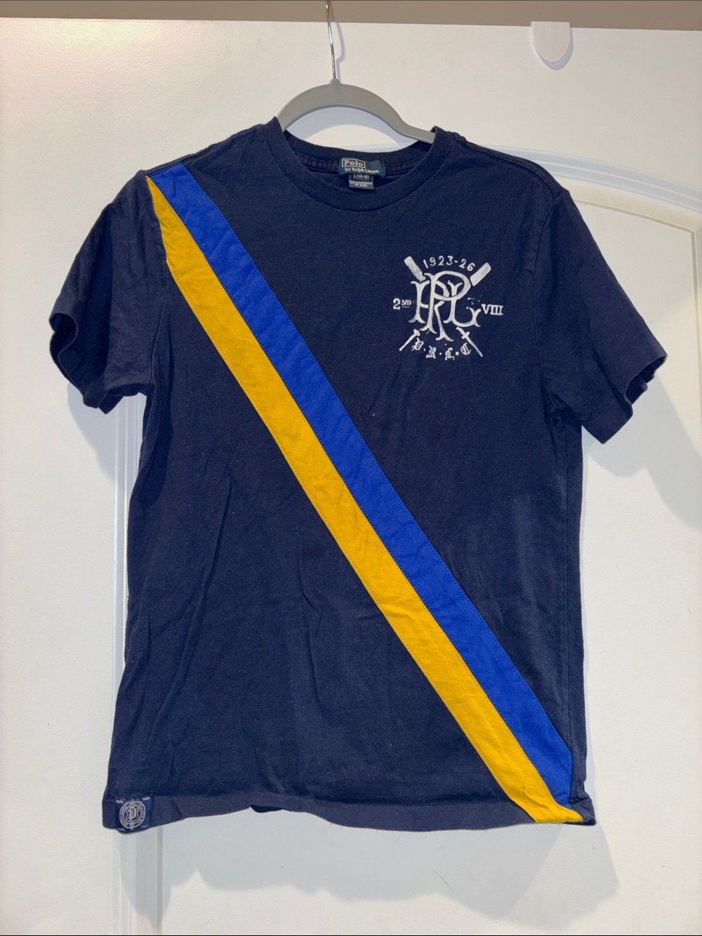 Ralph Lauren Navy Tee with Blue and Yellow Diagonal Stripes and Crest